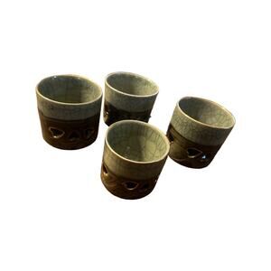 Vintage Set x 4 Japanese Somayaki Crackle Glaze Double Wall Heart Soma Tea Cups